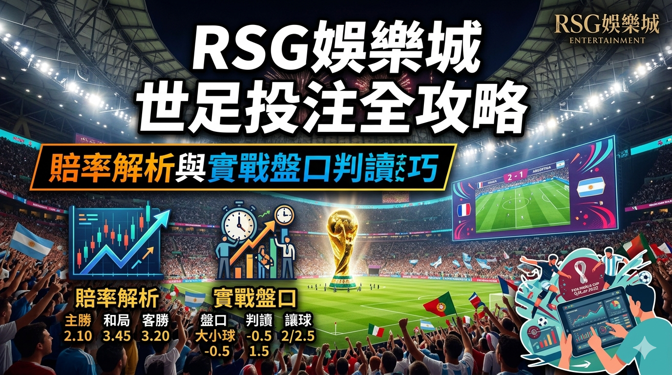 這是一張為「RSG娛樂城世足投注全攻略」設計的SEO文章縮圖,畫面以壯觀的足球場為背景,呈現了賠率數據、盤口分析圖表以及世界盃冠軍獎盃元素。 圖片上方清晰標示了文章主標題,下方則輔以賠率與盤口判讀的視覺化資訊,整體風格專業且具備強烈的博弈與賽事氛圍。